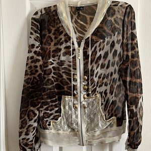 Leopard Print Sheer Hoodie with Gold Accents